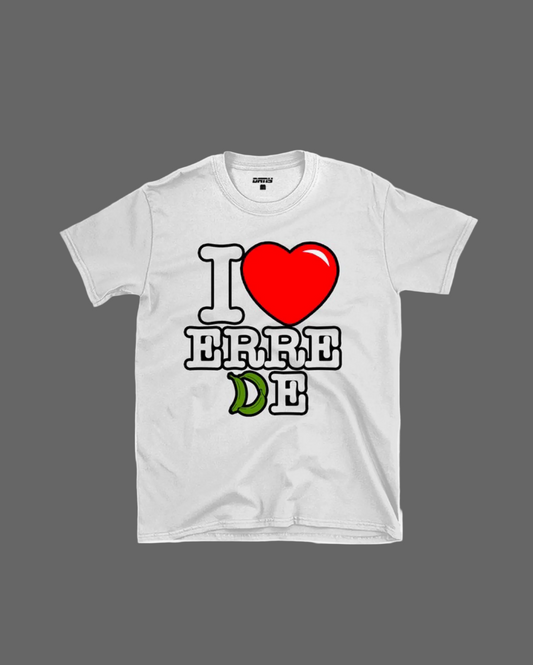 White t-shirt with 'I ❤️ ERRE DE' design on a white background